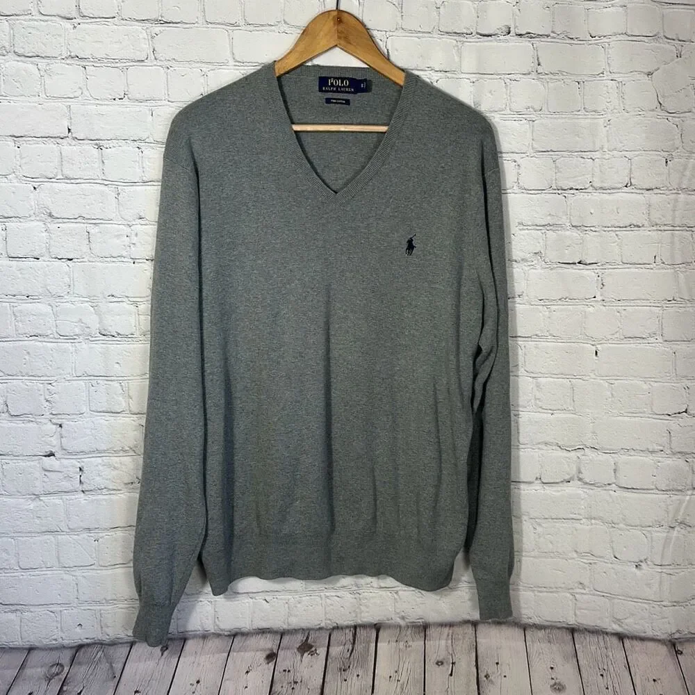 Polo Ralph Lauren Pima Cotton Mens Gray Vneck Sweater size XL
